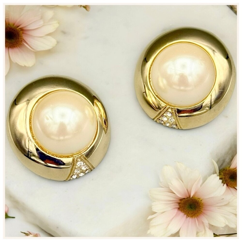 50s Glamour Faux Pearl, Gold, & Rhinestone Statement Button Vintage Earrings